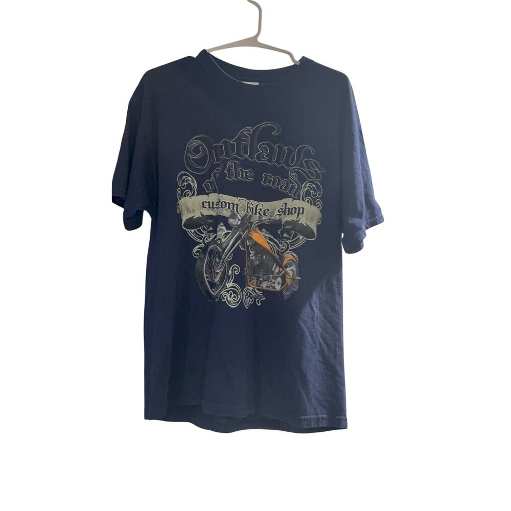 Outlaws of the Road Custom Bike Shop Motorcycle Graphic T Shirt Navy Large